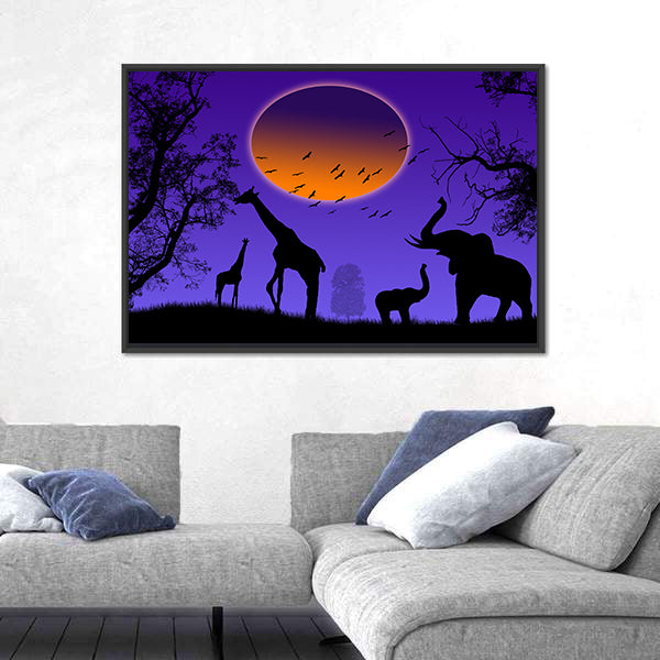 Moonlit Jungle Animal Silhouettes Canvas Wall Art