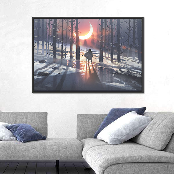 Cloaked Figure in Winter Forest Canvas Wall Art