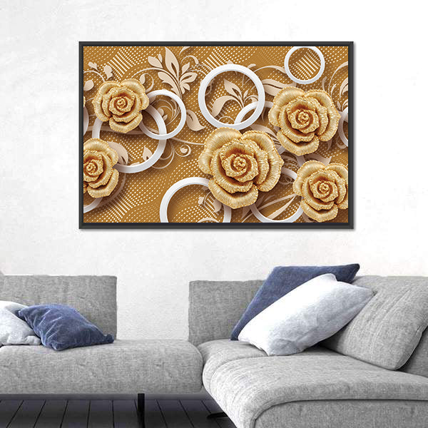 3d Golden Rose Flower Canvas Wall Art