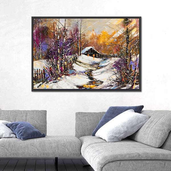 Rural Winter Landscape with Cabin Canvas Wall Art