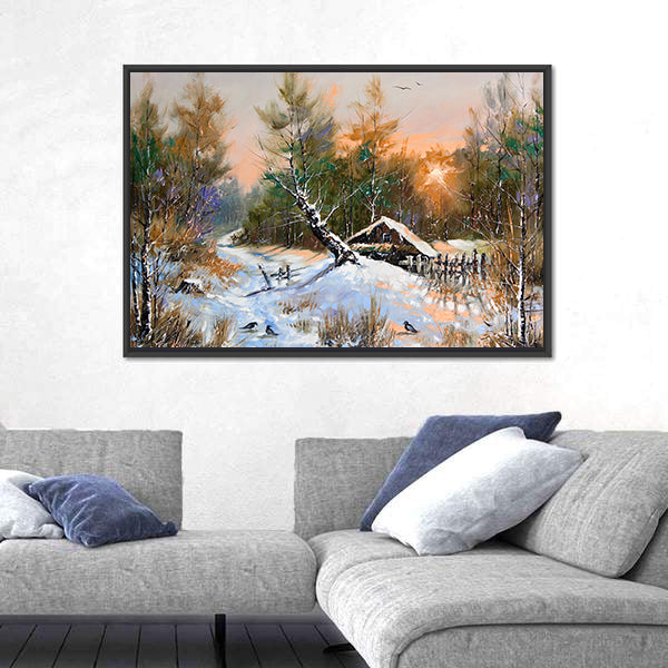 Snowy Cabin in Winter Forest Canvas Wall Art