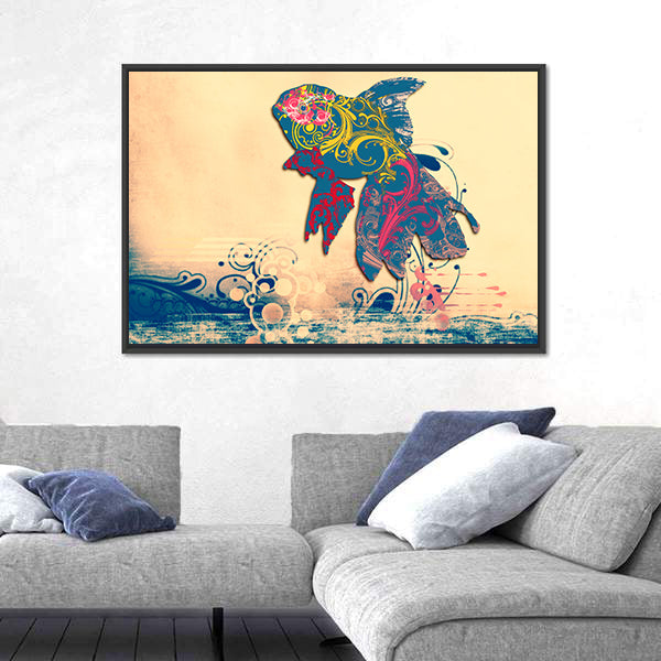 Grunge Goldfish with Ornate Floral Patterns Canvas Wall Art