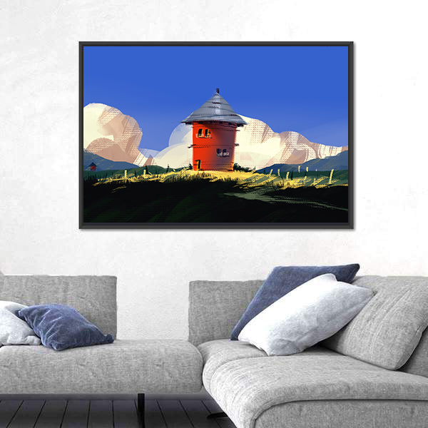 Red Tower on Grassy Hill Canvas Wall Art