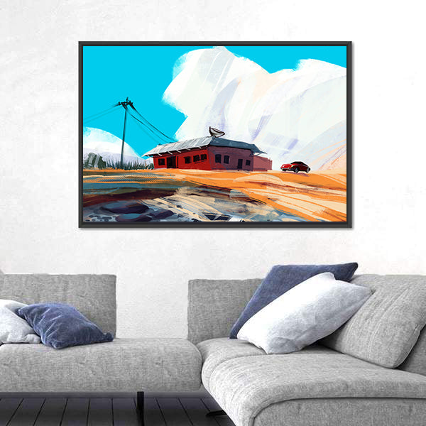 Red House and Vintage Car in Desert Canvas Wall Art
