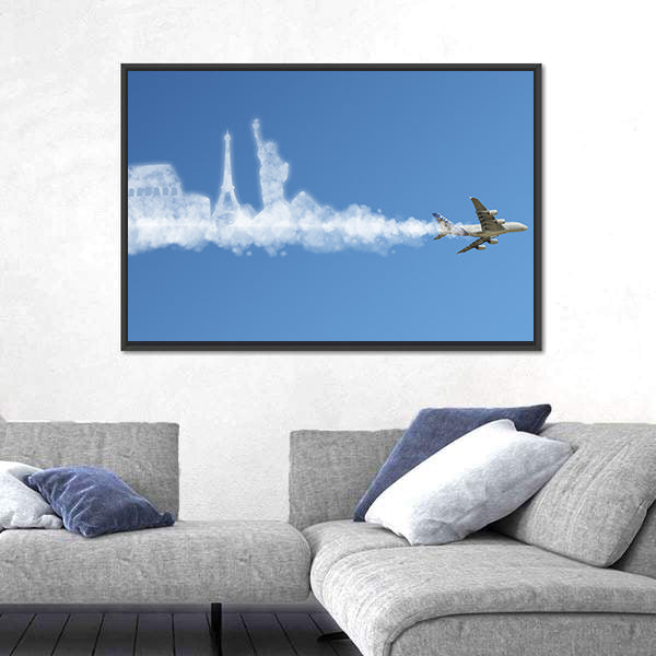 Commercial Jet with Landmark Smoke Trail Canvas Wall Art