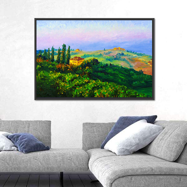 Hilltop Yellow Villa at Sunset Canvas Wall Art