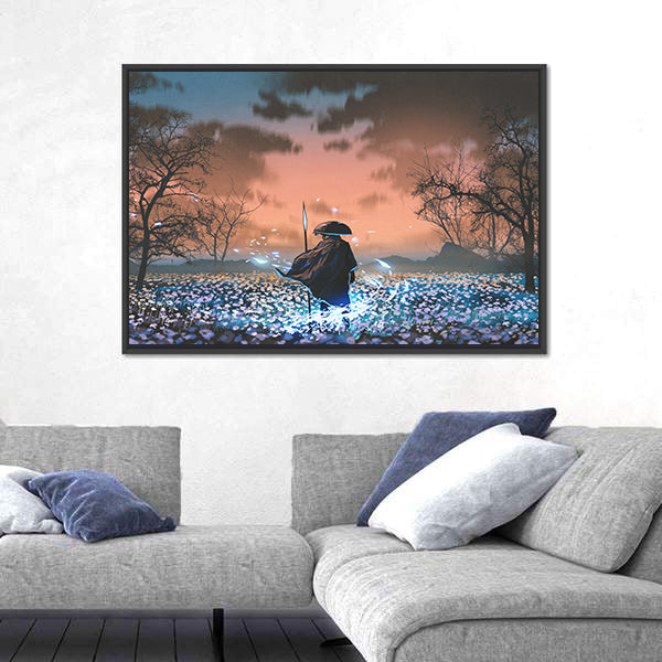 Ancient Samurai in Flowered Meadow Canvas Wall Art