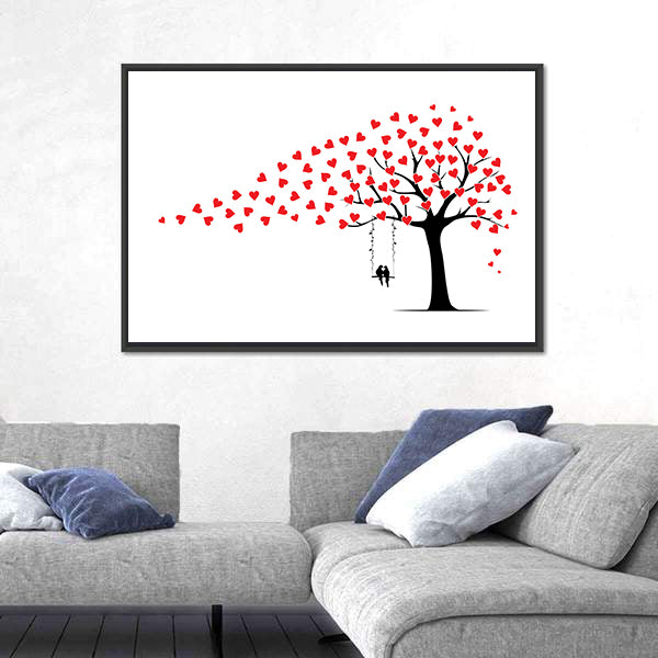 Tree with Heart Leaves and Couple on Swing Canvas Wall Art