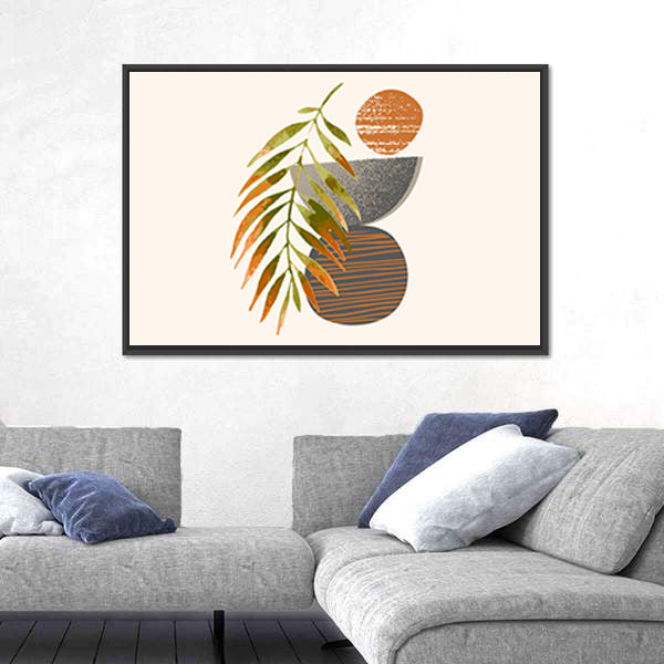Tropical Palm Leaf with Textured Orange Circle Canvas Wall Art