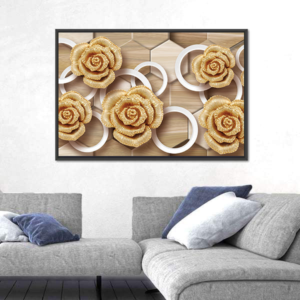 Golden Roses with Floating Rings and Hexagons Canvas Wall Art