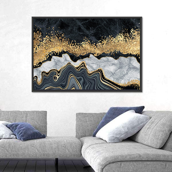 Gold-accented Black and White Marble Abstract Canvas Wall Art
