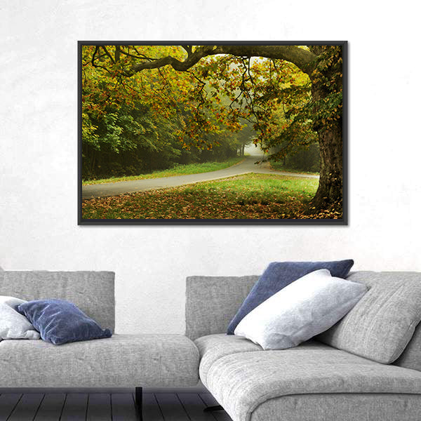 Misty Autumn Forked Path Canvas Wall Art