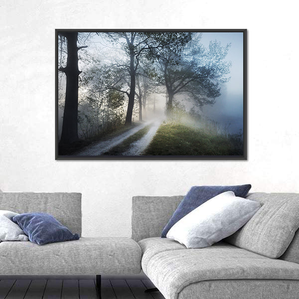 Foggy Forest Path at Sunrise Canvas Wall Art