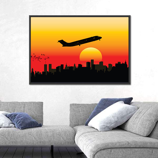 Passenger Jet Silhouette at Sunset Canvas Wall Art