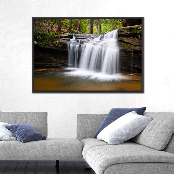 Cascading Forest Waterfall Over Layered Rocks Canvas Wall Art