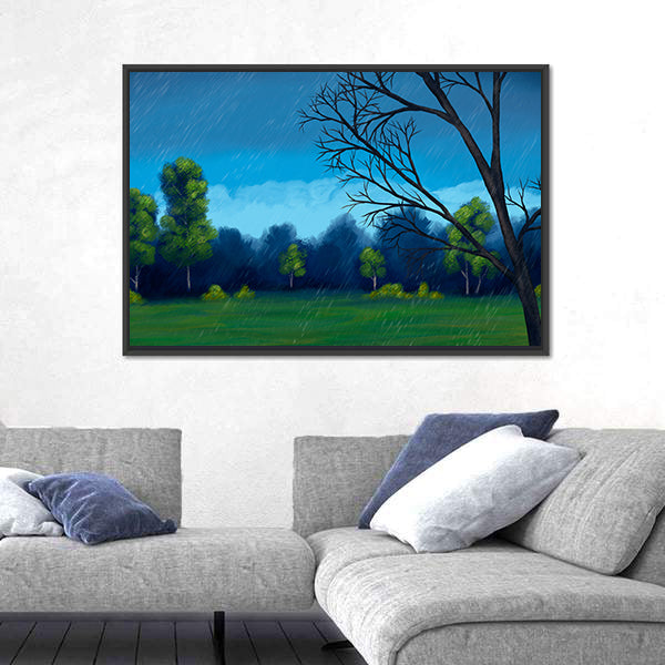 Rainy Green Field with Bare-branched Tree Canvas Wall Art