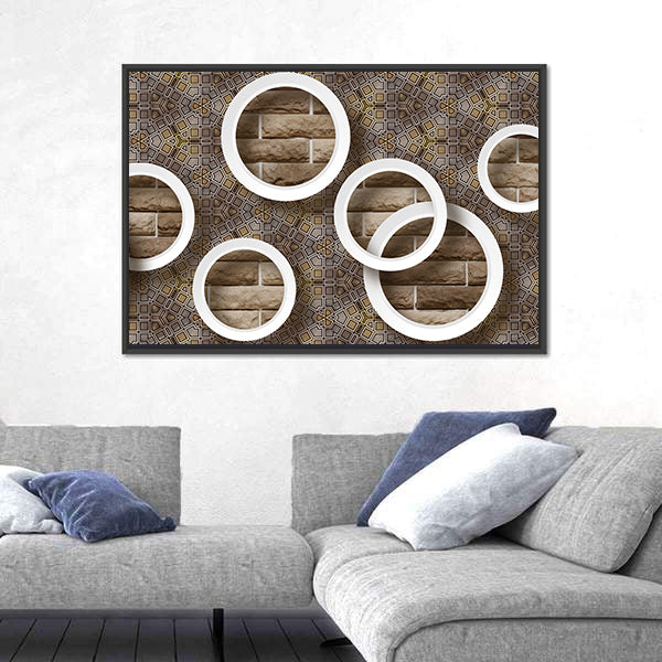 3d White Rings Over Brick Geometric Mural Canvas Wall Art