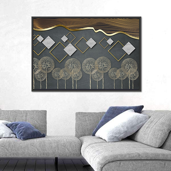 Geometric Trees with Gold Wave and Marble Diamonds Canvas Wall Art