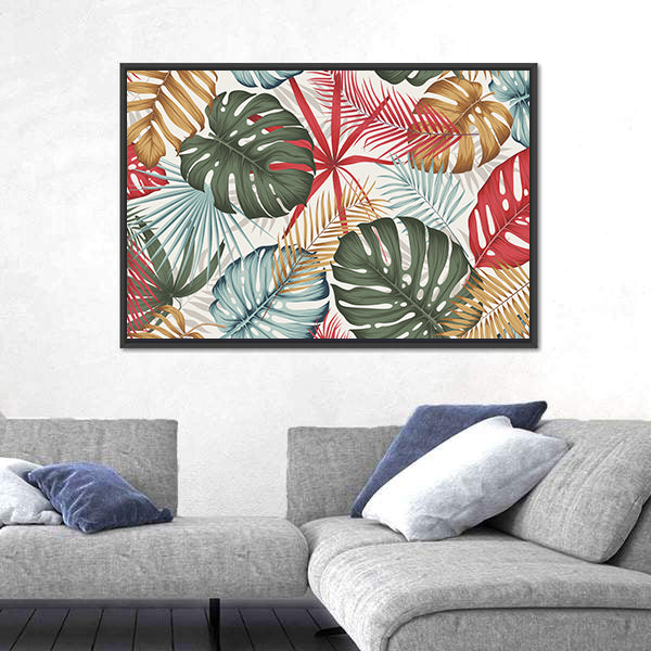 Seamless Colorful Monstera and Palm Leaves Canvas Wall Art