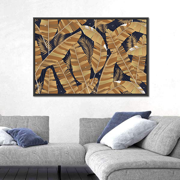 Banana Leaves Pattern in Navy and Gold Canvas Wall Art