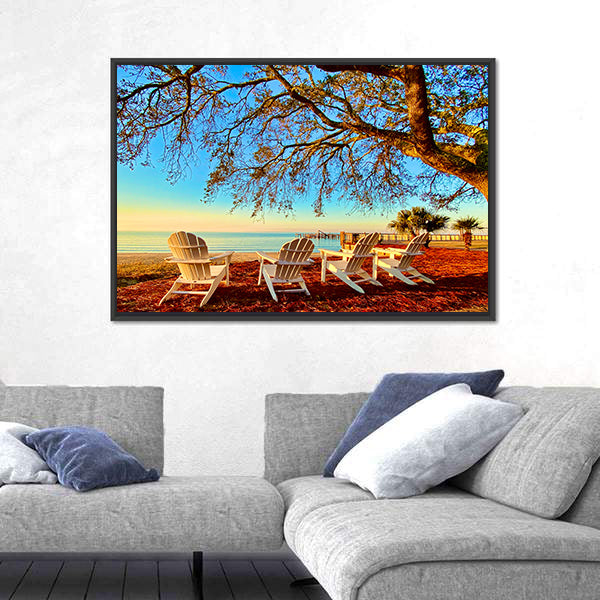 Four White Adirondack Chairs at Sunset Canvas Wall Art