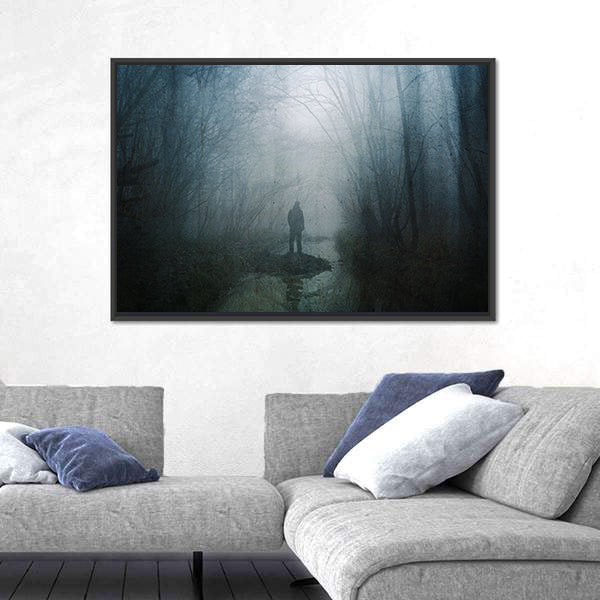 Silhouette at Stream in Misty Forest Canvas Wall Art