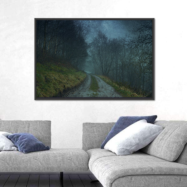 Foggy Forest Path Under Starry Sky Canvas Wall Art
