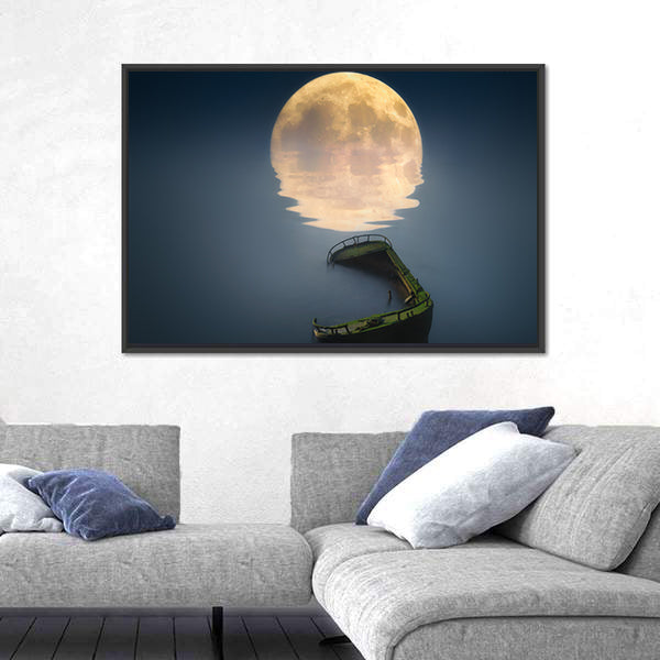 Full Moon Over Broken Ship In Sea Canvas Wall Art