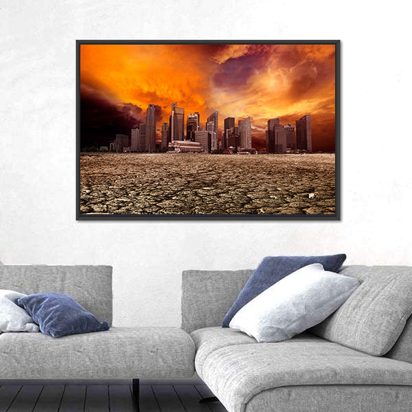 Apocalyptic City Skyline Over Cracked Earth Canvas Wall Art