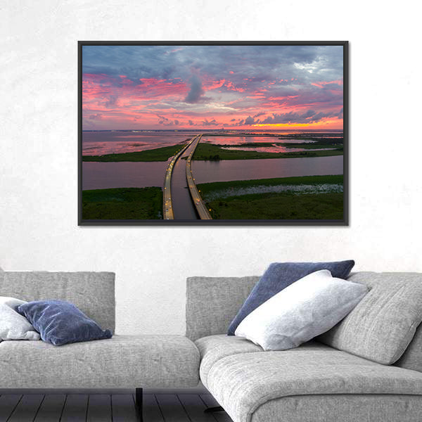 Sunset Over Coastal Bridge Canvas Wall Art
