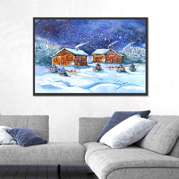 Two Winter Cottages Under Starry Night Canvas Wall Art