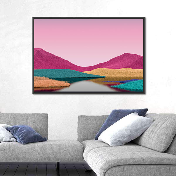 Surreal Pink Mountains with Reflective Lake Canvas Wall Art