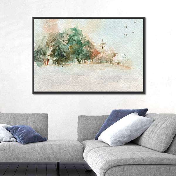 Misty Morning Landscape with Trees Canvas Wall Art