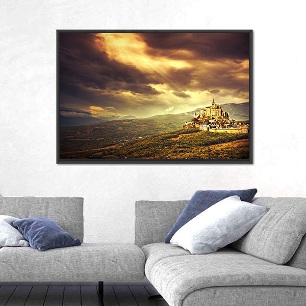 Medieval Castle on Hill at Sunset Canvas Wall Art
