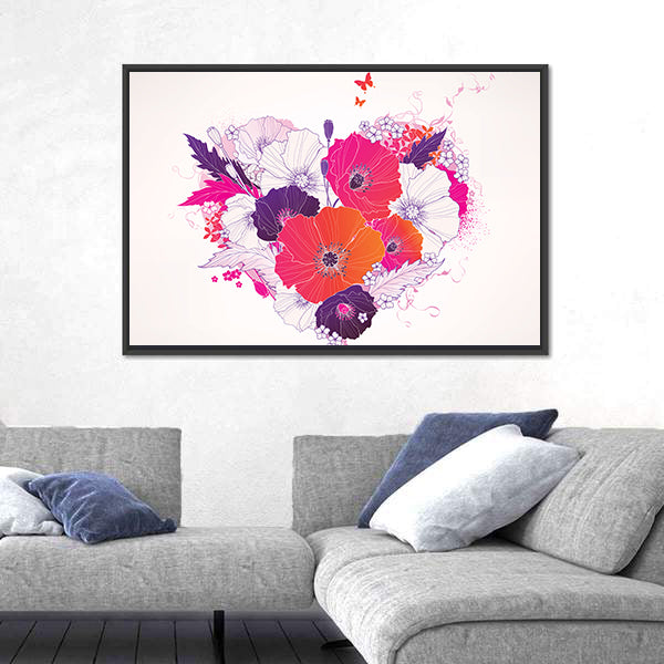 Colorful Floral Heart with Poppies Canvas Wall Art