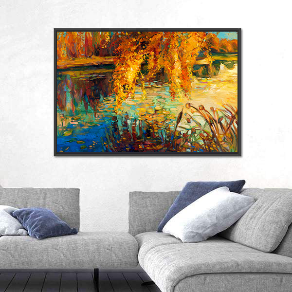 Golden Willow Over Autumn Lake Canvas Wall Art