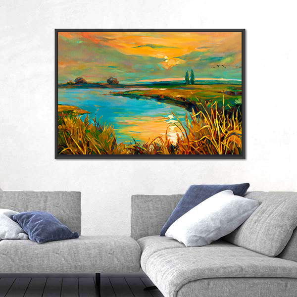 Golden Lakeside Sunset Canvas Wall Art