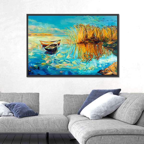 Two Rowboats at Golden Reeds Canvas Wall Art