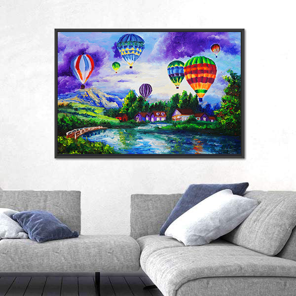 Hot Air Balloons Over River Village Canvas Wall Art