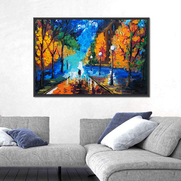Autumn Couple Under Glowing Streetlights Canvas Wall Art