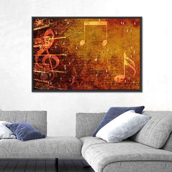 Grunge Music Notes with Golden-orange Glow Canvas Wall Art