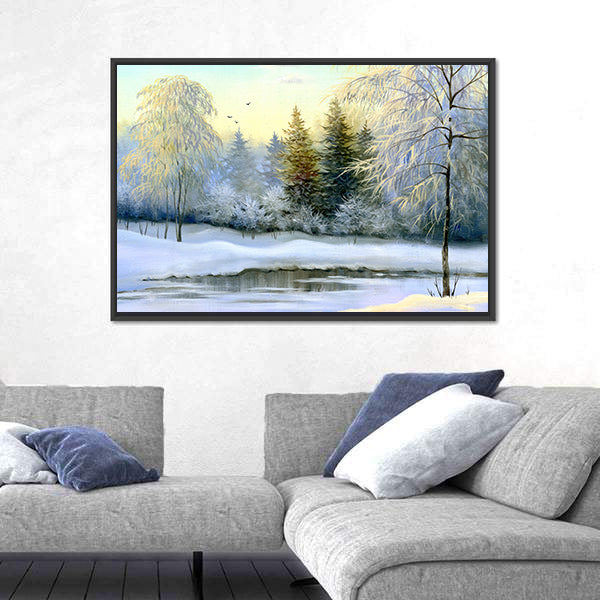 Snow-covered Forest and Frozen River Canvas Wall Art