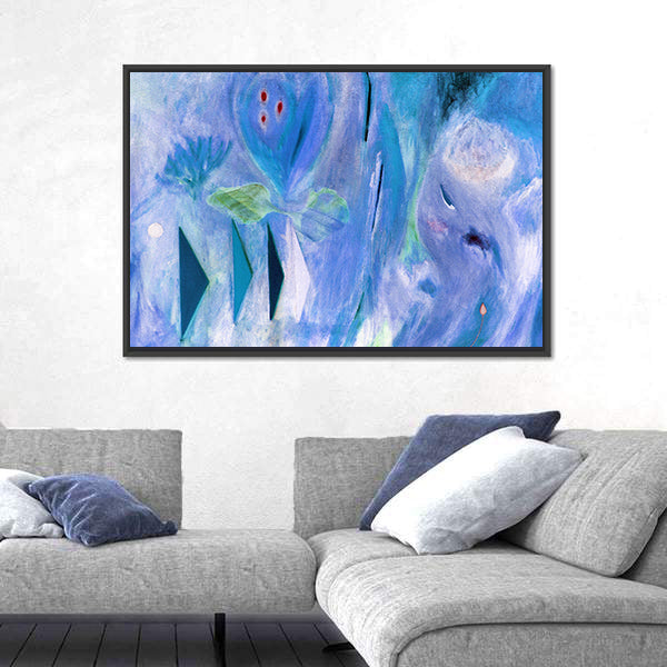 Dreamlike Blue Abstract with Stylized Face Canvas Wall Art