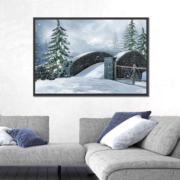Stone Bridge On A Winter Meadow Canvas Wall Art