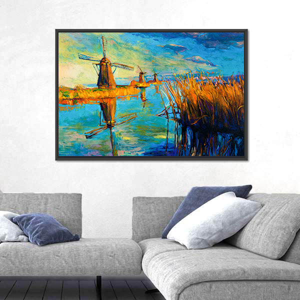 Windmill Landscape at Sunset Canvas Wall Art