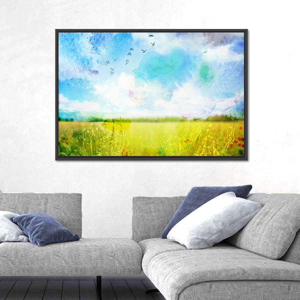 Village Meadow Watercolor Landscape Canvas Wall Art