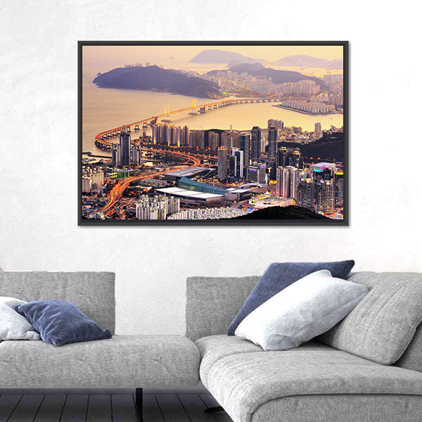 Coastal City Skyline at Golden Dusk Canvas Wall Art