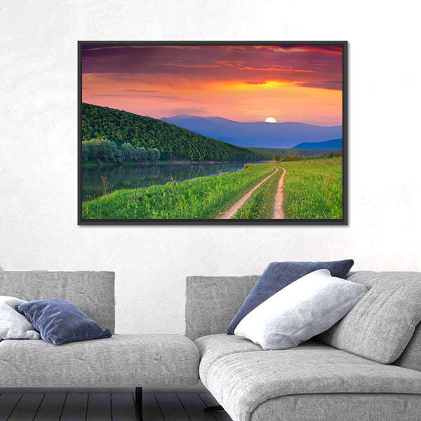 Sunset Meadow with River and Dirt Road Canvas Wall Art
