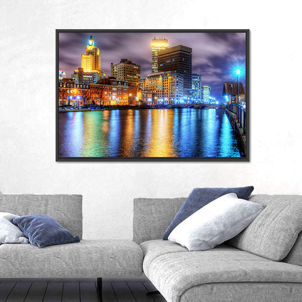Downtown Providence Skyline with Water Reflections Canvas Wall Art