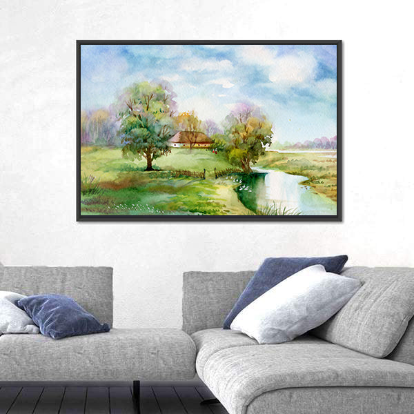 Thatched Cottage Beside Winding River Canvas Wall Art